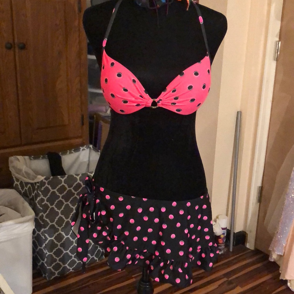 Pink and black polka dot swuimsuit